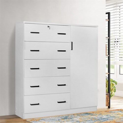 Better Home Products JCF Sofie 5 Drawer Wooden Tall Chest Wardrobe in White Perspective: bottom