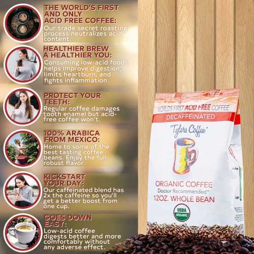Tyler’s No Acid Organic Coffee Beans, Arabica Full Flavor Decaf, 12 oz Perspective: bottom