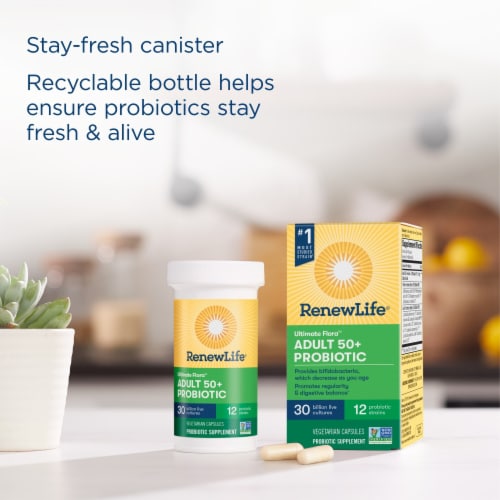 Renew Life Probiotic Adult 50 Plus Daily Supplement Capsules Perspective: bottom