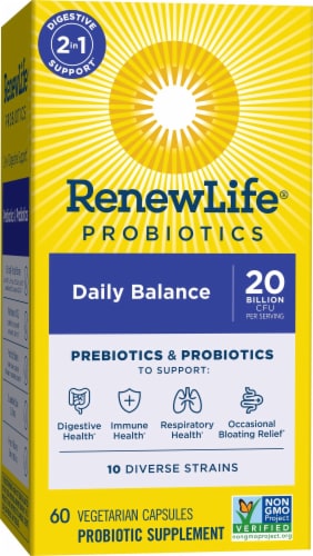 Renew Life Daily Balance Prebiotics & Probiotics Billion CFU Per Serving Strains Perspective: bottom