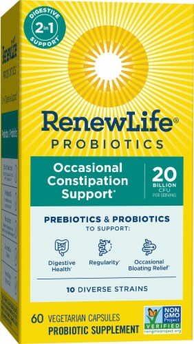 Renew Life Occasional Constipation Support* Prebiotics & Probiotics Probiotic Supplement Perspective: bottom