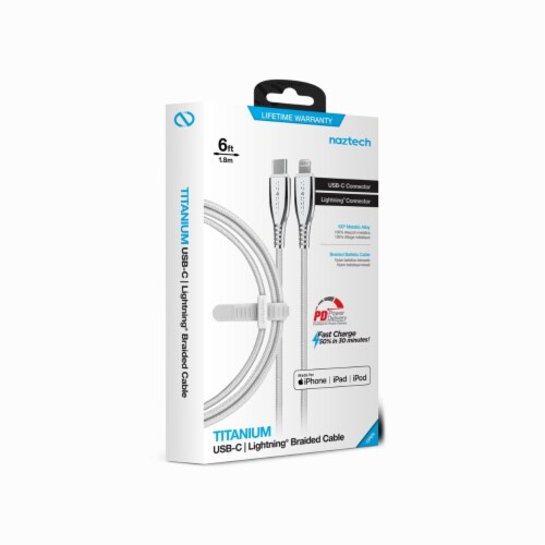 Naztech 15498 6 Ft. Titanium USB-C to Lightning Braided Cable - White Perspective: bottom
