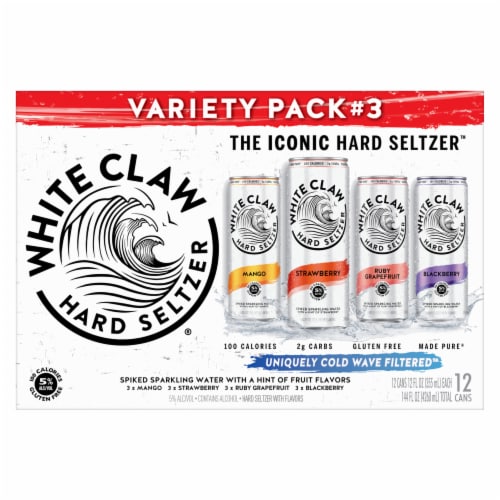 White Claw Hard Seltzer Variety Pack No. 3, 12 Pack, 12 fl oz Cans, 5% ABV Perspective: bottom