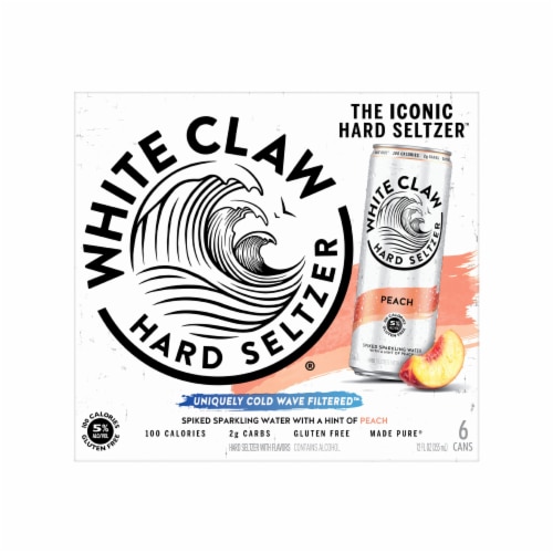 White Claw Hard Seltzer Peach, 6 Pack, 12 fl oz Cans, 5% ABV Perspective: bottom