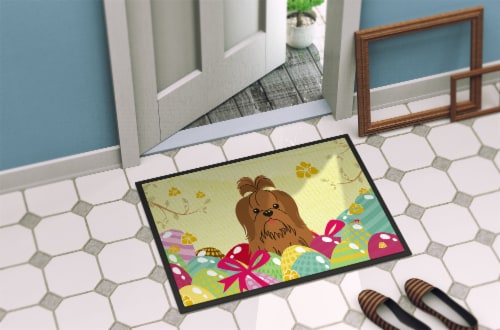 Carolines Treasures BB6086MAT Easter Eggs Shih Tzu Silver Chocolate Doormat 18x Perspective: bottom