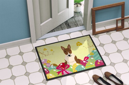 Carolines Treasures BB6137MAT Easter Eggs Bull Terrier Brindle Doormat 18x27 Perspective: bottom