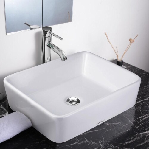 Aquaterior™ 19 x15 x5 Rectangle White Ceramic Porcelain Vessel Sink w/ Pop Up Drain Perspective: bottom