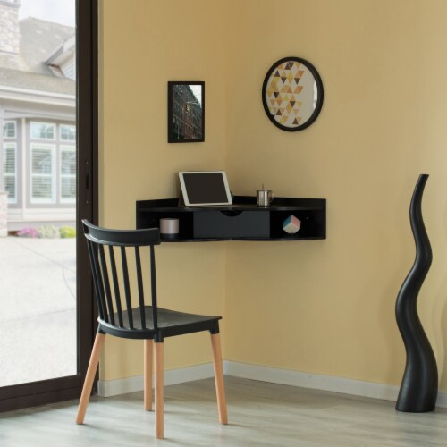 Black Corner Desk Heart Shaped Wall Mounted Office Table with Drawer and Two Shelves Black Foods Co