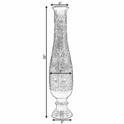 Antique Hand Curved Brown Mango Wood Floor Flower Vase Trumpet Design with Textured Pattern Perspective: bottom