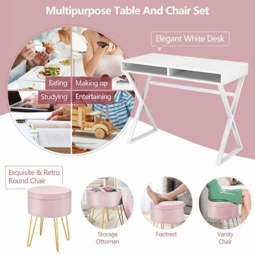 Vanity Table Set Writing Desk Makeup Table w/Round Storage Ottoman Pink Perspective: bottom