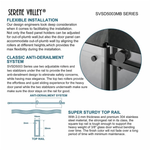 Serene Valley 48 x 74 Inch Square Rail Frameless Sliding Shower Door, Black Perspective: bottom
