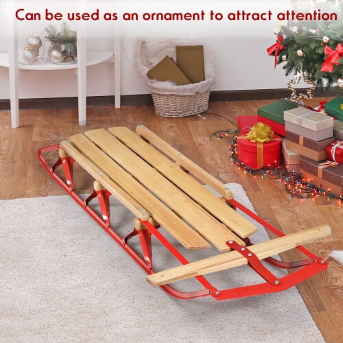 Costway 54''Kids Wooden Snow Sled Runners Steering Bar Steering Snow Slider Perspective: bottom