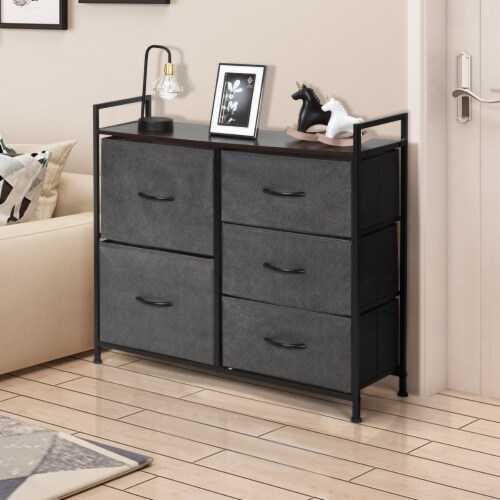 Costway 5 Drawers Dresser Storage Unit Side Table Display Organizer Dorm Room Wood Dark Gray Perspective: bottom