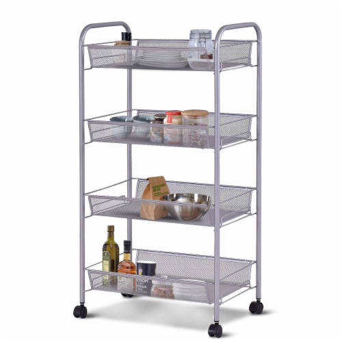 Costway 4 Tier Storage Rack Trolley Cart Home Kitchen Organizer Utility Baskets Silver Steel Perspective: bottom