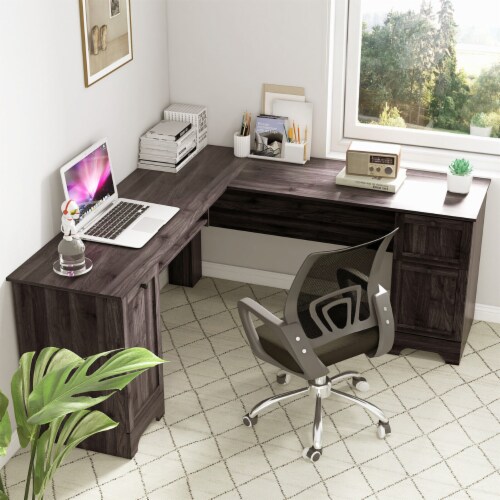 66.5'' L Shaped Home Office Desk Corner Computer Desk Keyboard Tray Dark Brown Perspective: bottom
