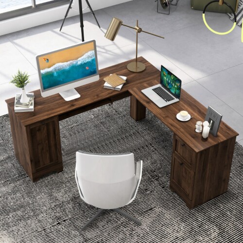 66.5'' L Shaped Home Office Desk Corner Computer Desk Drawer Keyboard Tray Walnut Perspective: bottom