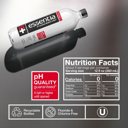 Essentia Bottled Water 1 Liter 6-Pack Ionized Alkaline Water Perspective: bottom