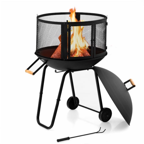 Slickblue 28 Inch Portable Fire Pit on Wheels with Log Grate-Black Perspective: bottom