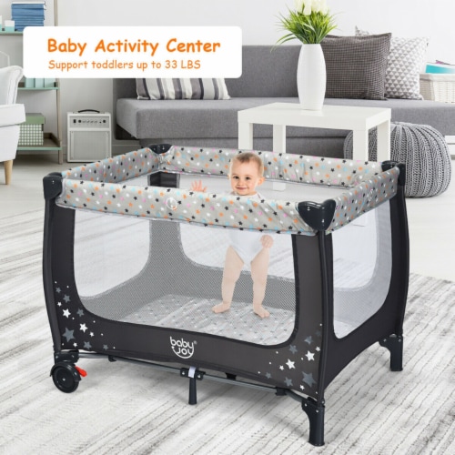 Portable Baby Playard Playpen Nursery Center w Mattress Foldable Design Grey 1 unit Foods Co
