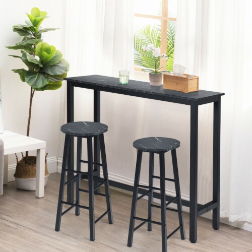 Gymax Set of 2 Pub Dining Height Bar Stool Bistro Table Chairs Faux Marble Top Black Perspective: bottom