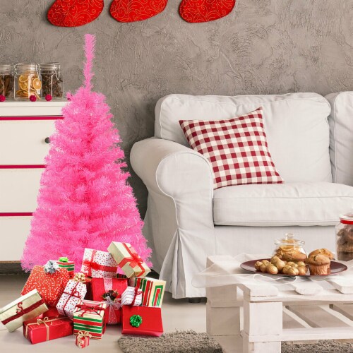 Costway 3 ft Premium Artificial Christmas Mini Tree Holiday Season Pink w/ Plastic Stand Perspective: bottom