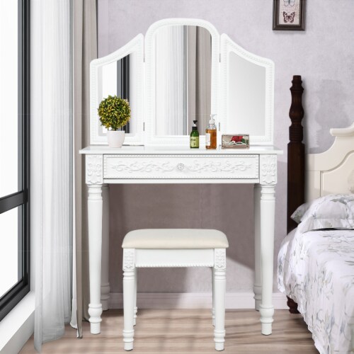 Gymax Vanity Dressing Makeup Table Set w Tri Folding Mirror Large