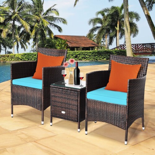 Gymax 3PCS Patio Outdoor Rattan Furniture Set w/ Coffee Table Cushioned