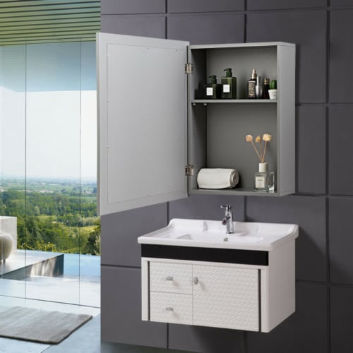 Mirrored Medicine Cabinet Wall-Mounted Bathroom Storage Organizer W/Shelf Grey Perspective: bottom