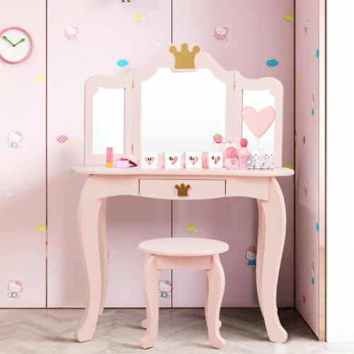Kids Makeup Dressing Table Chair Set Princess Vanity Tri folding