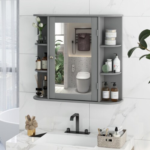 Wall Mounted Medicine Storage Cabinet Bathroom Organizer Cupboard W/Mirror Gray Perspective: bottom
