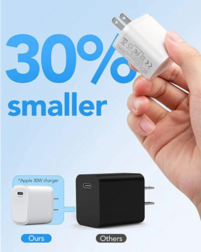 USB C Charger 30W Fast Wall Charger Mini Power Adapter PD 3.0 PPS Charger Perspective: bottom