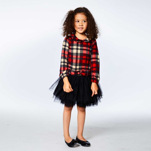 Plaid Dress With Long Sleeves And Mesh Skirt Perspective: bottom