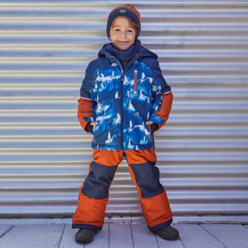 Two Piece Snowsuit Blue With Printed Penguins And Orange Perspective: bottom