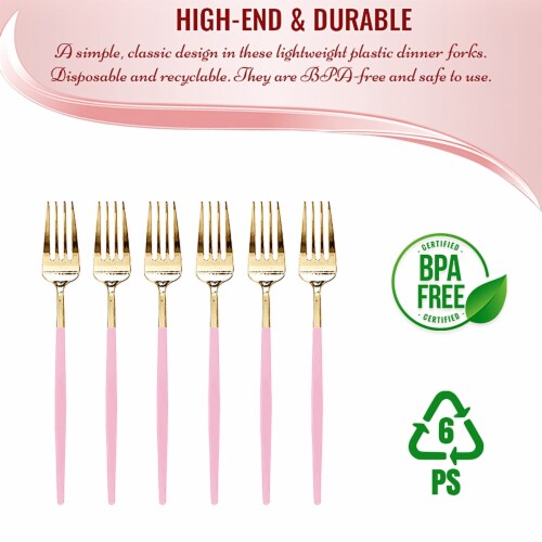 240 Forks - Gold with Pink Handle Moderno Disposable Plastic Dinner Forks Perspective: bottom