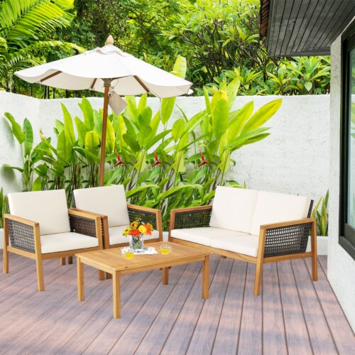 7 Piece Patio Dining Set, Outdoor Acacia Wood Furniture Set, Extendable Rectangular Table And 6 Foldable Reclining Chairs W/Removeable Cushion, FSC
