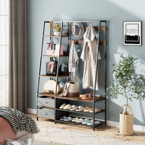 6-in-1 Freestanding Hall Tree Coat Rack w/ Bench & Fabric Dressers