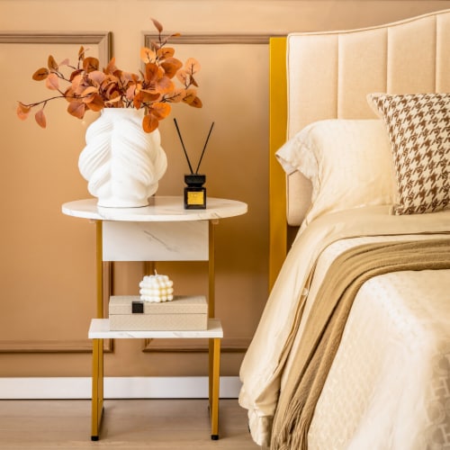 2-Tier Side Table Nightstand End Table Coffee Table w/ G-Shaped Steel Frame Perspective: bottom