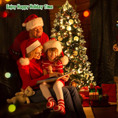 Gymax 7.5 ft Pre-Lit Hinged Christmas Tree Artificial Xmas Tree w/ 100pcs Ornaments Perspective: bottom