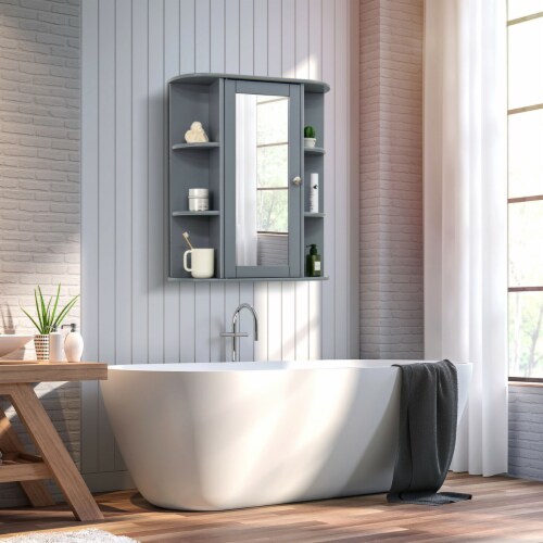 Bathroom Cabinet Single Door Shelves Wall Mount Cabinet W/ Mirror Grey Perspective: bottom