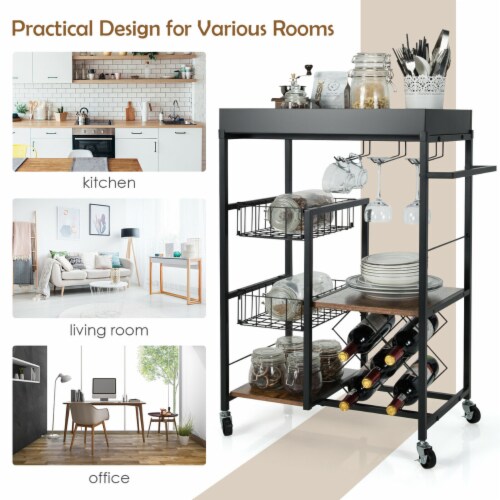 4-Tier Kitchen Bar Cart Rolling Serving Trolley Wine Rack Removable Tray Basket Perspective: bottom