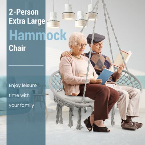 2 Person Hanging Hammock Chair w/ Cushion Macrame Swing 330 lbs Capacity Grey Perspective: bottom