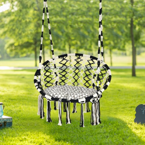Hanging Hammock Chair with Cushion Macrame Swing Cotton Rope Indoor Outdoor Perspective: bottom