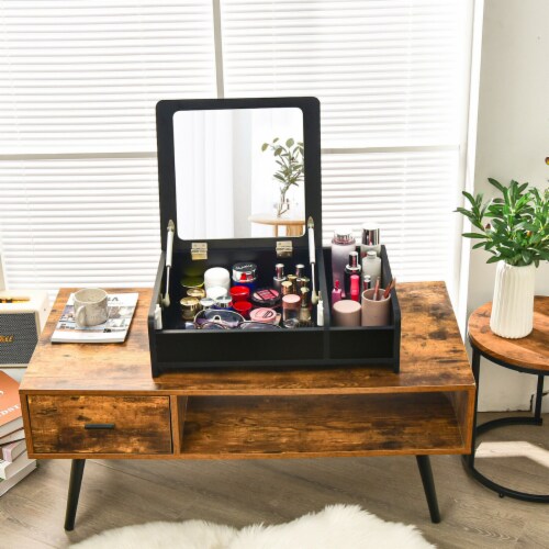 2 in 1 Vanity Dresser w Flip Top Mirror Tabletop Storage Box