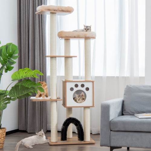 Gymax Cat Tree Cat Tower Cat Condo w/Platform Scratching Posts for Indoor Cats Beige Perspective: bottom
