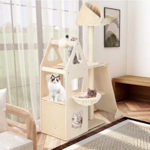 52 Tall Cat Tree w Scratching Post Ball Board Plush Condo