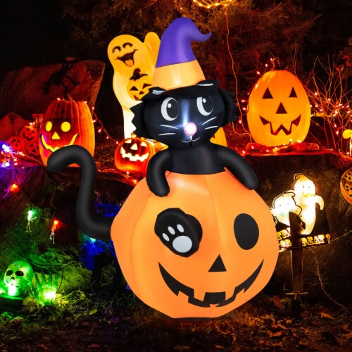 5FT Inflatable Halloween Decor Pumpkin with Witch's Black Cat w/ LED & Sandbags Perspective: bottom