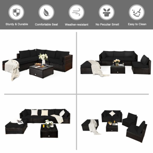 Gymax 6PCS Rattan Patio Sectional Sofa Set Outdoor Furniture Set w/ Black Cushions Perspective: bottom