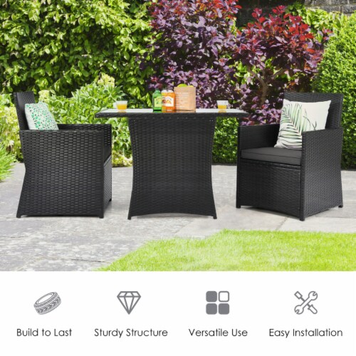 3PCS Patio Wicker Bistro Set PE Rattan Dining Table Set w/ Grey Cushions Perspective: bottom
