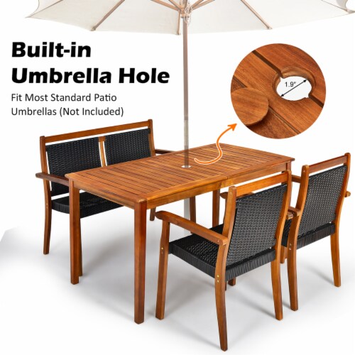 4PCS Patio Dining Set Acacia Wood Rattan Furniture Set w Umbrella