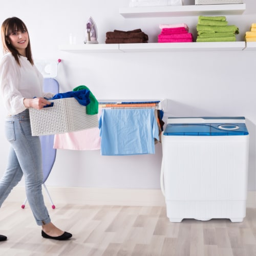 Portable Semi-automatic Washing Machine 26 lbs Twin Tub Laundry Washer Blue Perspective: bottom
